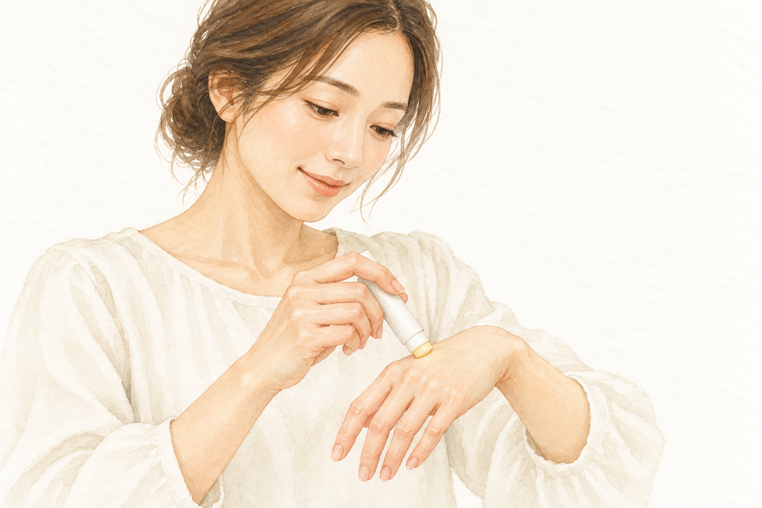 女性が保湿スティックを手の甲にそっと塗る様子を描いた水彩イラスト